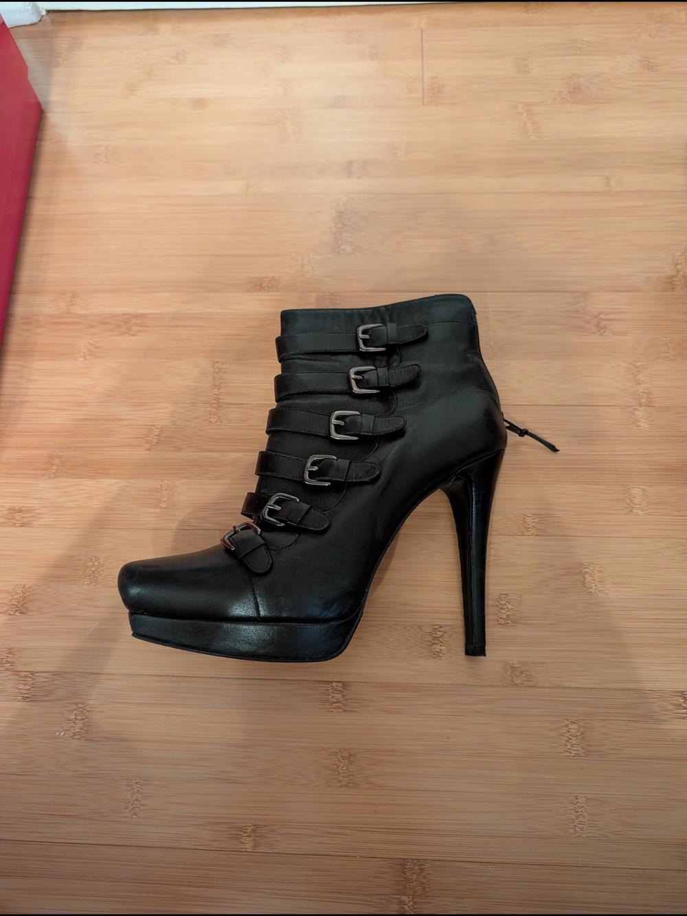 Stuart Weitzman Black Buckled Leather High-Heel Ankle Bootie - Picture 2 of 10